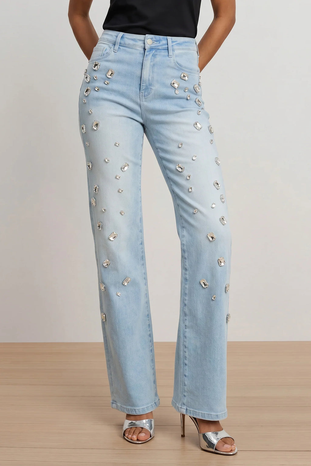 Light Blue Rhinestone Decor Flared Jeans