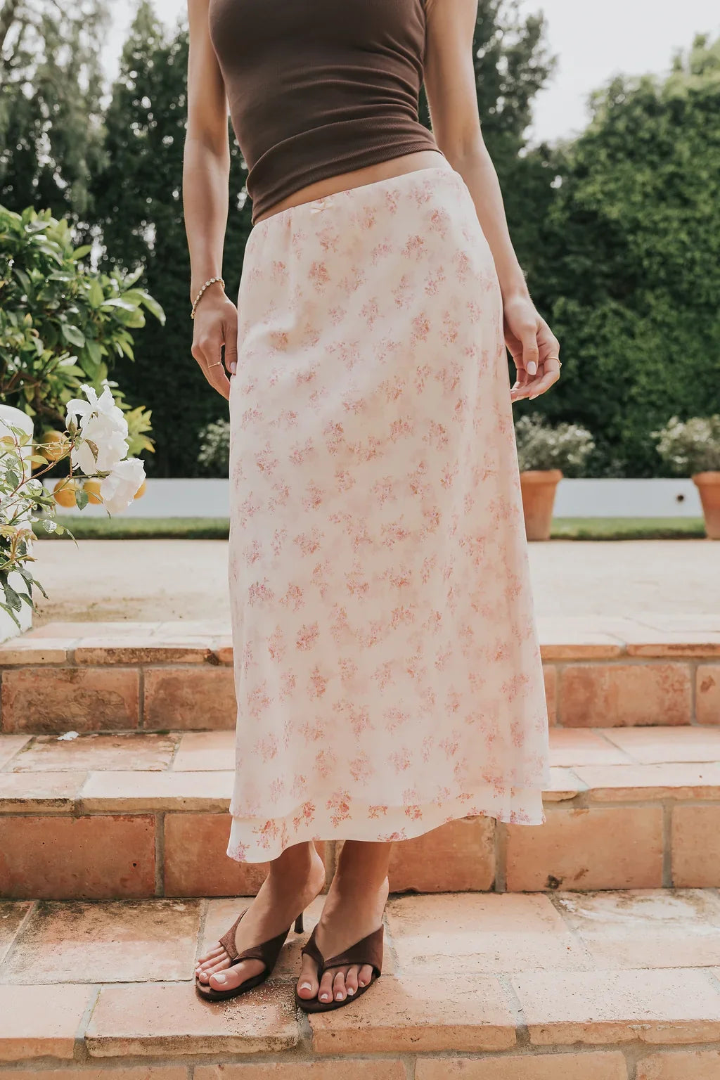 Pink Floral Slip Midi Skirt with Front Bow Detail