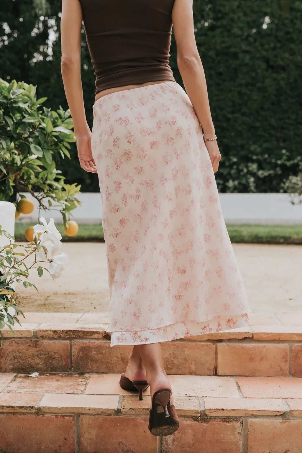 Pink Floral Slip Midi Skirt with Front Bow Detail